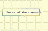 Forms of Governments. To study governments, geographers look at the following: Types – Who rules and who participates. Systems – How the power is distributed.