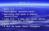 Mark 3 Healing on the Sabbath  Mark 3:2  Παρετηρουν (pareth/roun)  Watching Him with a enmity (Hostility)  Luke 6:6 “ a man was there whose right hand.