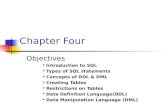 Chapter Four Objectives Introduction to SQL Types of SQL statements Concepts of DDL & DML Creating Tables Restrictions on Tables Data Definition Language(DDL)