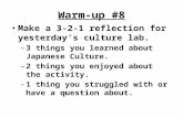 Warm-up #8 Make a 3-2-1 reflection for yesterday’s culture lab. – 3 things you learned about Japanese Culture. – 2 things you enjoyed about the activity.