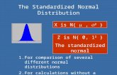 The Standardized Normal Distribution Z is N( 0, 1 2 ) The standardized normal X is N( ,  2 ) 1.For comparison of several different normal distributions.