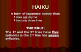 HAIKU A form of Japanese poetry that: does not rhyme does not rhyme has only three lines has only three lines THE RULE: The 1 st and the 3 rd lines have.