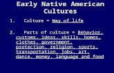 Early Native American Cultures 1. Culture = Way of life 2. Parts of culture = Behavior, customs, ideas, skills, homes, clothes, government, protection,