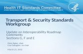 Update on Interoperability Roadmap Comments Sections G, F and E Transport & Security Standards Workgroup Dixie Baker, chair Lisa Gallagher, co-chair March.