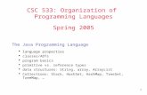 1 CSC 533: Organization of Programming Languages Spring 2005 The Java Programming Language  language properties  classes/ADTs  program basics  primitive.