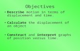 Objectives Describe motion in terms of displacement and time. Calculate the displacement of an object Construct and interpret graphs of position versus.