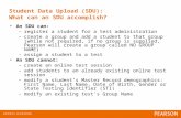 1 Student Data Upload (SDU): What can an SDU accomplish? An SDU can: –register a student for a test administration –create a group and add a student to.