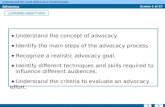 Screen 1 of 27 Collaboration and Advocacy techniques Advocacy LEARNING OBJECTIVES Understand the concept of advocacy. Identify the main steps of the advocacy.