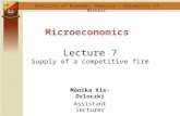 Microeconomics Lecture 7 Supply of a competitive firm Institute of Economic Theories - University of Miskolc Mónika Kis-Orloczki Assistant lecturer.