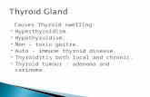 Causes Thyroid swelling:  Hyperthyroidism.  Hypothyroidism.  Non – toxic goitre.  Auto – immune thyroid disease.  Thyroiditis both local and chronic.