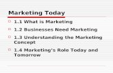 Marketing Today  1.1 What is Marketing  1.2 Businesses Need Marketing  1.3 Understanding the Marketing Concept  1.4 Marketing’s Role Today and Tomorrow.