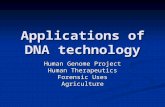 Applications of DNA technology Human Genome Project Human Therapeutics Forensic Uses Agriculture.