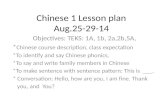 Chinese 1 Lesson plan Aug.25-29-14 Objectives: TEKS: 1A, 1b, 2a,2b,5A, * Chinese course description, class expectation *To identify and say Chinese phonics,