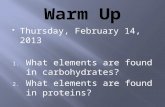 Thursday, February 14, 2013 1. What elements are found in carbohydrates? 2. What elements are found in proteins?