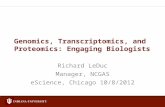 Genomics, Transcriptomics, and Proteomics: Engaging Biologists Richard LeDuc Manager, NCGAS eScience, Chicago 10/8/2012.