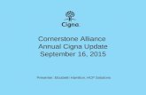 1 Cornerstone Alliance Annual Cigna Update September 16, 2015 Presenter: Elizabeth Hamilton, HCP Solutions.