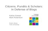 Citizens, Pundits & Scholars: In Defense of Blogs Kalina Grewal Mark Robertson Scott Library York University.