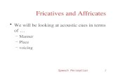 Speech Perception1 Fricatives and Affricates We will be looking at acoustic cues in terms of … –Manner –Place –voicing.
