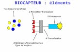 2 Récepteur biologique 4 Transduction 1 composé à analyser 3 Méthode d’immobilisation Type de surface 5 Processeur BIOCAPTEUR : éléments.