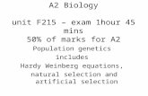 A2 Biology unit F215 – exam 1hour 45 mins 50% of marks for A2 Population genetics includes Hardy Weinberg equations, natural selection and artificial selection.