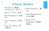 + Class Rules 1. Respect ( 尊重 ) Everyone ( 每个人 ) 2. Be on Time ( 准时 ) 3. Be Prepared ( 准备 好 ) 4. Use English ( 用英 文 ) 5. Try Your Best ( 尽你 最大 ) 6.