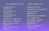 Properties (Answers)  Commutative Property  Associative Property  Distributive Property  Additive Identity  Additive Inverse  Multiplicative Identity.