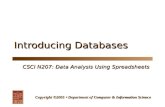 CSCI N207: Data Analysis Using Spreadsheets Copyright ©2005  Department of Computer & Information Science Introducing Databases.