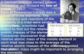 A German scientist named Johann Dobereiner put forward his law of triads in 1817. Each of Dobereiner's triads was a group of three elements. The appearance.