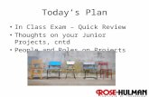 1 Today’s Plan In Class Exam – Quick Review Thoughts on your Junior Projects, cntd People and Roles on Projects.