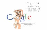 Topic 4 Marketing The role of marketing. Learning objectives Understand what marketing is and the role of marketing Asses the main features of markets,