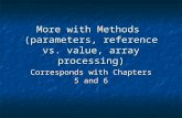 More with Methods (parameters, reference vs. value, array processing) Corresponds with Chapters 5 and 6.