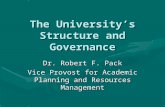 The University’s Structure and Governance Dr. Robert F. Pack Vice Provost for Academic Planning and Resources Management.