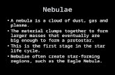 Nebulae A nebula is a cloud of dust, gas and plasma. The material clumps together to form larger masses that eventually are big enough to form a protostar.