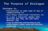 The Purpose of Dialogue Dialogue is… –Conversation or some type of way of communicating (5) –Also helps understand characters (4) –Is a way a character.