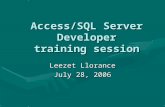 Access/SQL Server Developer training session Leezet Llorance July 28, 2006.