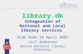 Library.dk Integration of National and Local library services ELAG Rome 18 April 2002 Leif Andresen Danish National Library Authority.