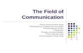 The Field of Communication  Early Communication Study  Development of Speech and Journalism  Interdisciplinary Growth  Integration  Growth and Specialization.