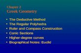 Chapter 2 Greek Geometry The Deductive Method The Regular Polyhedra Ruler and Compass Construction Conic Sections Higher-degree curves Biographical Notes: