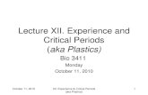 Lecture XII. Experience and Critical Periods (aka Plastics) Bio 3411 Monday October 11, 2010 1XII. Experience & Critical Periods (aka Plastics)