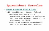 Spreadsheet Formulae Some Common Functions =IF(condition, true, false) Returns one value if a condition you specify evaluates to TRUE and another value.