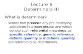 Lecture 6 Determiners (I) What is determiner? Words that precede any pre modifying adjectives in a noun phrase and which denote such referential meanings.
