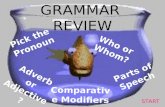 GRAMMAR REVIEW Comparative Modifiers START Who or Whom? Pick the Pronoun Adverb or Adjective? Parts of Speech.
