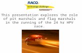 This presentation explores the role of pit marshals and flag marshals in the running of the 24 hr HPV race.