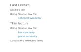 Last Lecture Gauss’s law Using Gauss’s law for: spherical symmetry This lecture Using Gauss’s law for: line symmetry plane symmetry Conductors in electric.