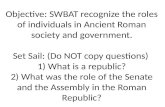 Objective: SWBAT recognize the roles of individuals in Ancient Roman society and government. Set Sail: (Do NOT copy questions) 1) What is a republic? 2)