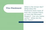 The Piedmont What is the terrain like? What does the Piedmont have more of than the Coastal Plains or even the Mountain Region? Can you name some? What.