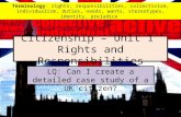 Citizenship – Unit 1 Rights and Responsibilities LQ: Can I create a detailed case study of a UK citizen? Terminology: rights, responsibilities, collectivism,