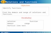 Holt Algebra 1 4-2 Relations and Functions Identify functions. Find the domain and range of relations and functions. Objectives relationfunction domainrange.