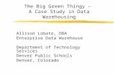 The Big Green Thingy – A Case Study in Data Warehousing Allison Lobato, DBA Enterprise Data Warehouse Department of Technology Services Denver Public.