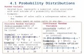 4.1 Probability Distributions Random Variable Denoted by x, represents a numerical value associated with each outcome of a probability distribution. Examples: